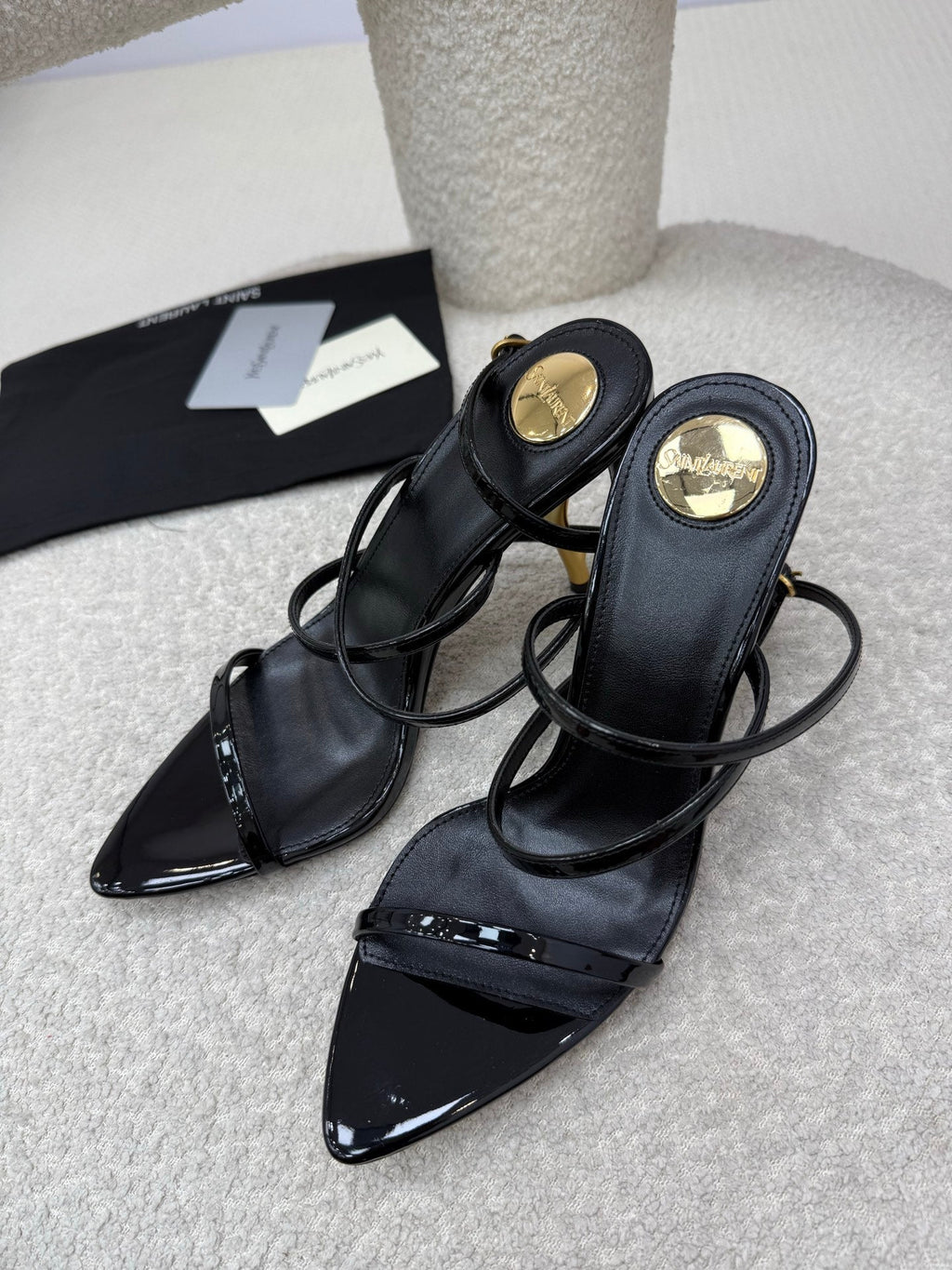 YSL 25S STRAPPY HIGH-HEEL SANDALS 95 MM IN BLACK SHINY LAMBSKIN
