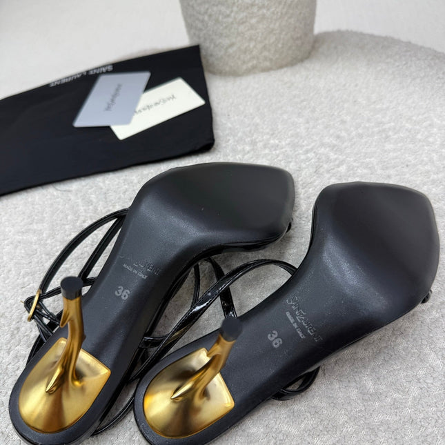 YSL 25S STRAPPY HIGH-HEEL SANDALS 95 MM IN BLACK SHINY LAMBSKIN