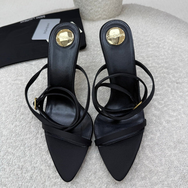YSL 25S STRAPPY HIGH-HEEL SANDALS 95 MM IN BLACK LAMBSKIN