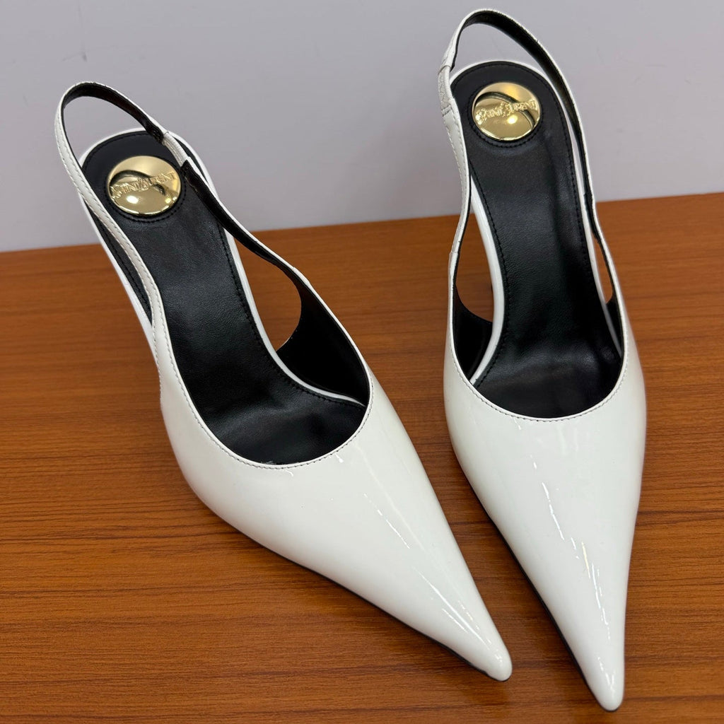YSL 26S HEELED SLINGBACKS 100 MM IN WHITE GLOSSY CALFSKIN