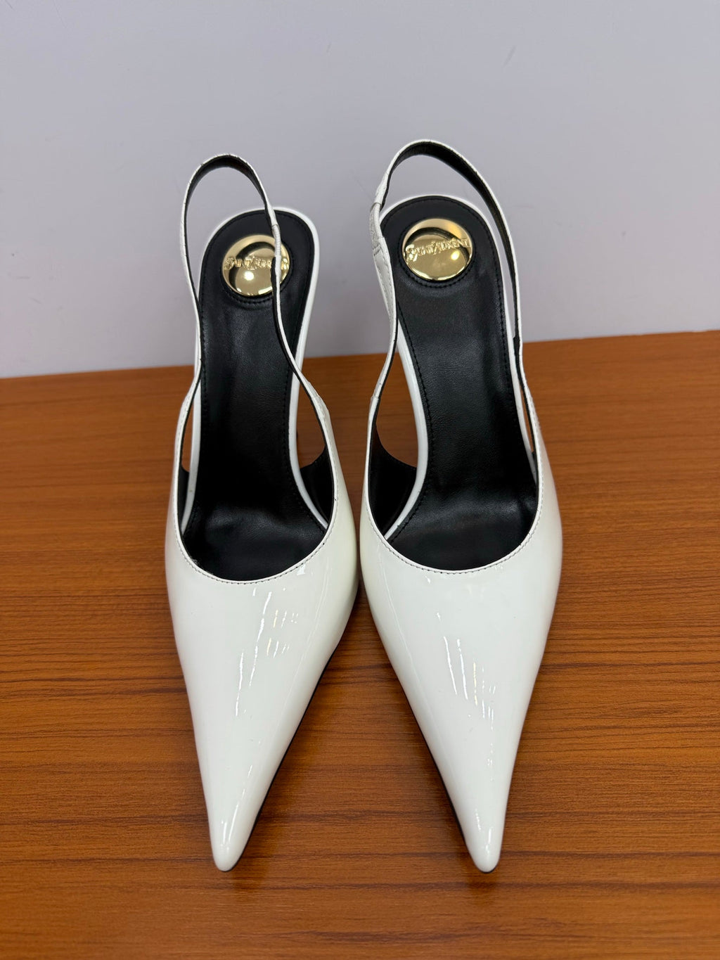 YSL 26S HEELED SLINGBACKS 100 MM IN WHITE GLOSSY CALFSKIN