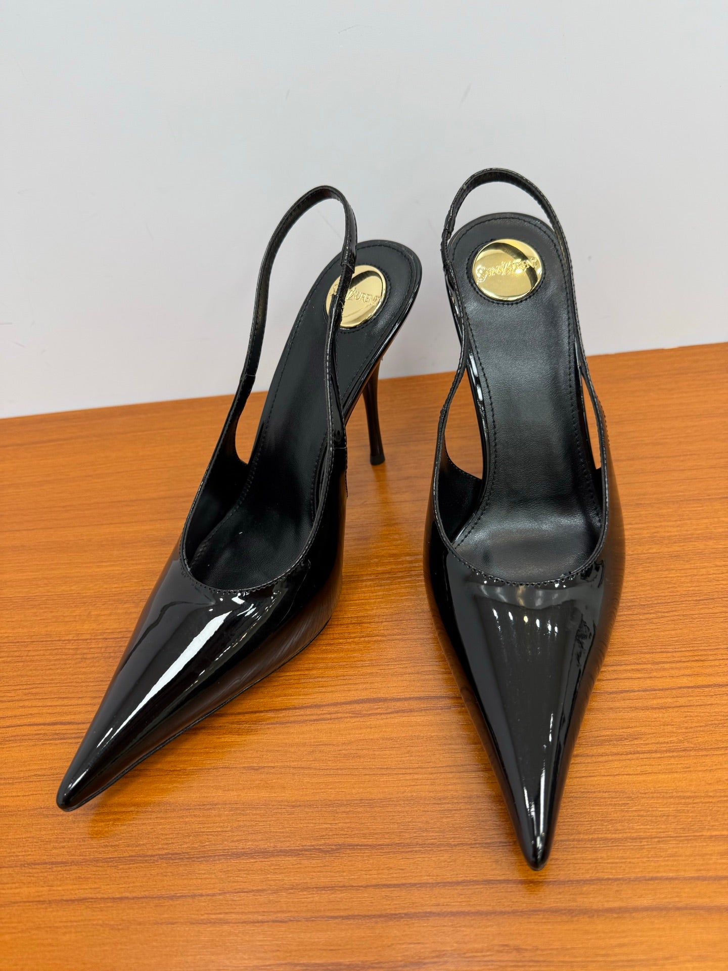 YSL 26S HEELED SLINGBACKS 100 MM IN BLACK GLOSSY CALFSKIN