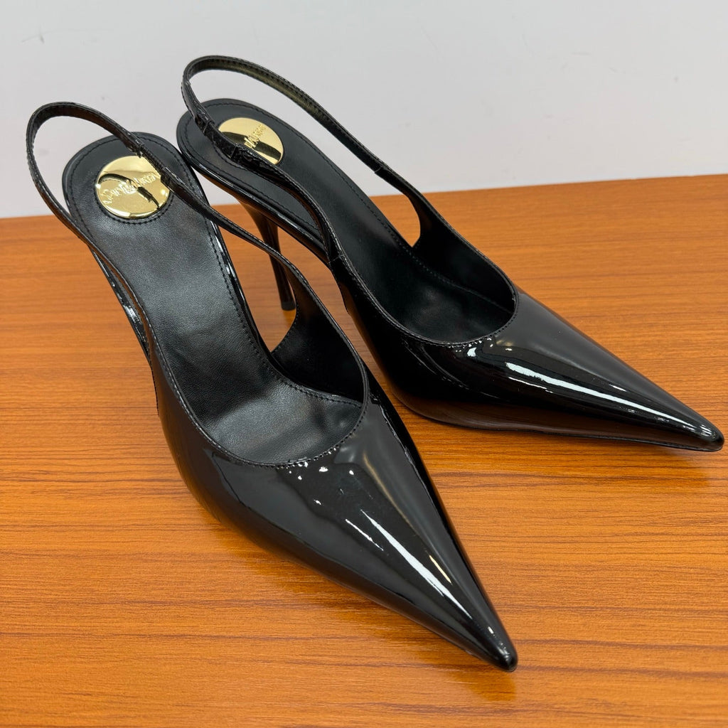 YSL 26S HEELED SLINGBACKS 100 MM IN BLACK GLOSSY CALFSKIN