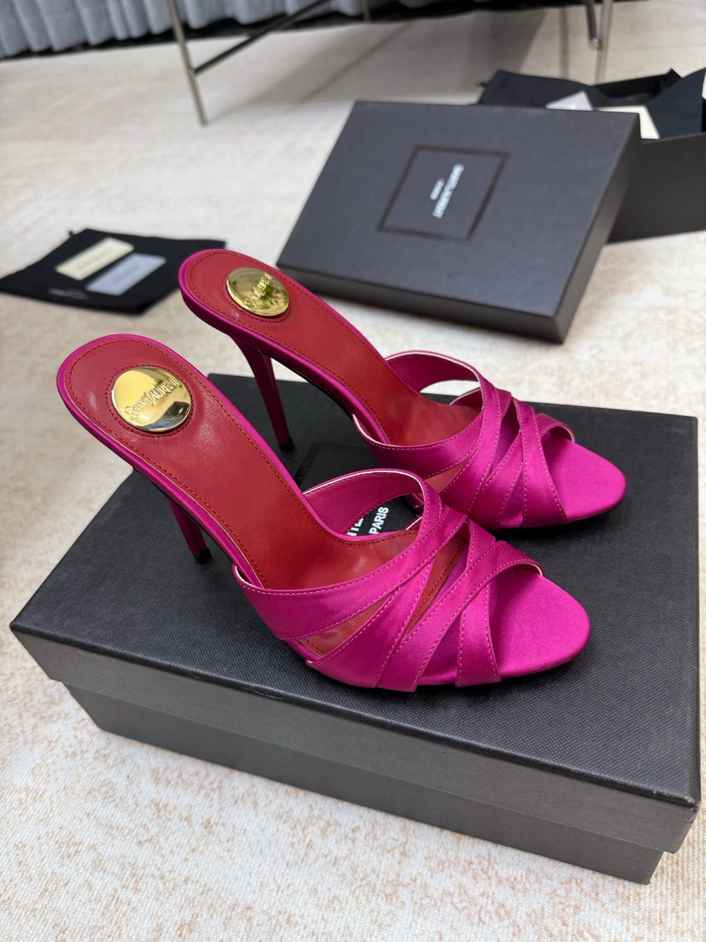 YSL 26S HEELED SANDALS 105 MM IN DARK PINK SATIN