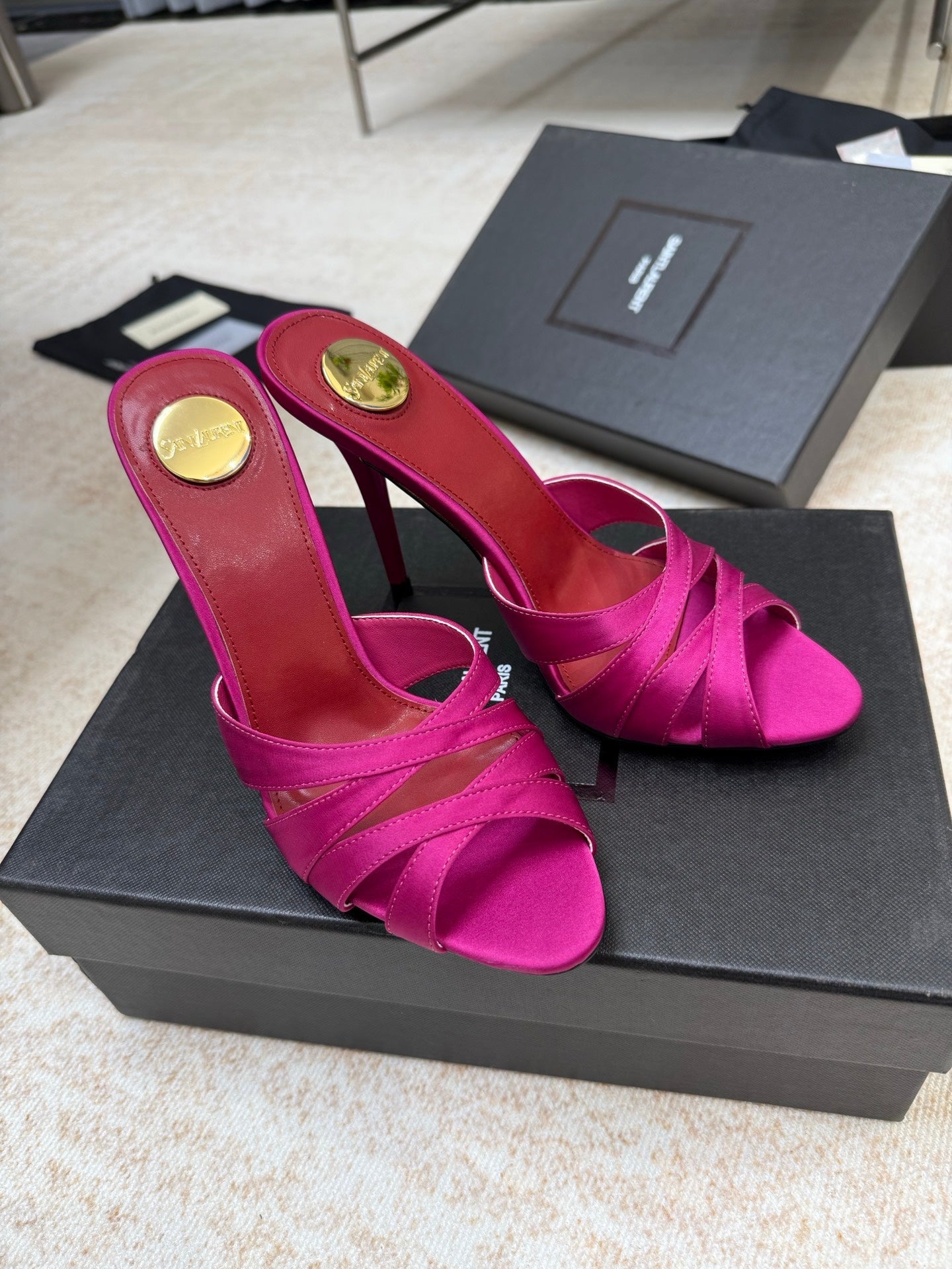 YSL 26S HEELED SANDALS 105 MM IN DARK PINK SATIN