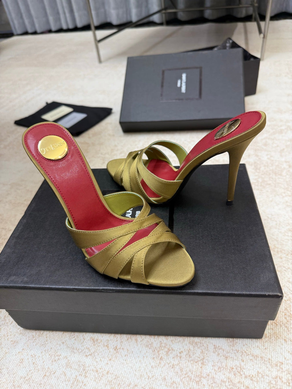 YSL 26S HEELED SANDALS 105 MM IN OLIVE GREEN SATIN