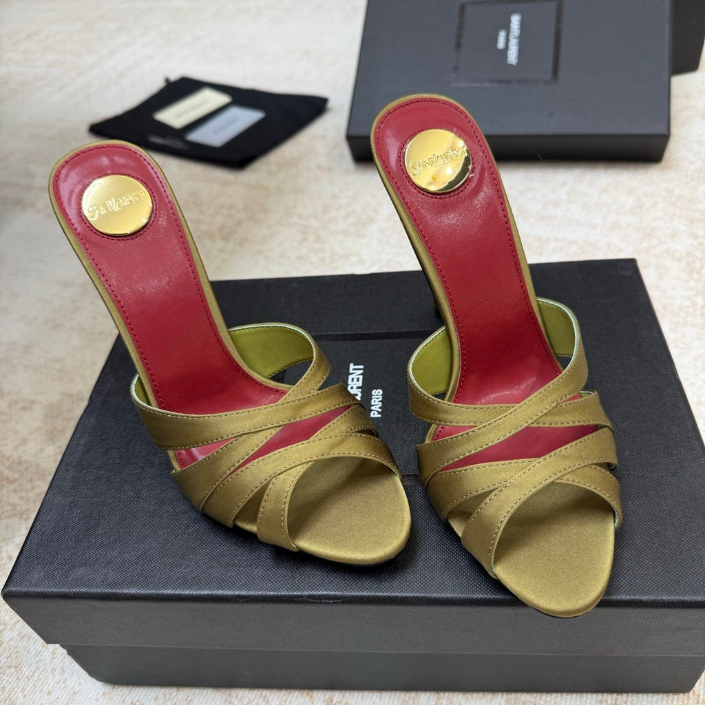 YSL 26S HEELED SANDALS 105 MM IN OLIVE GREEN SATIN