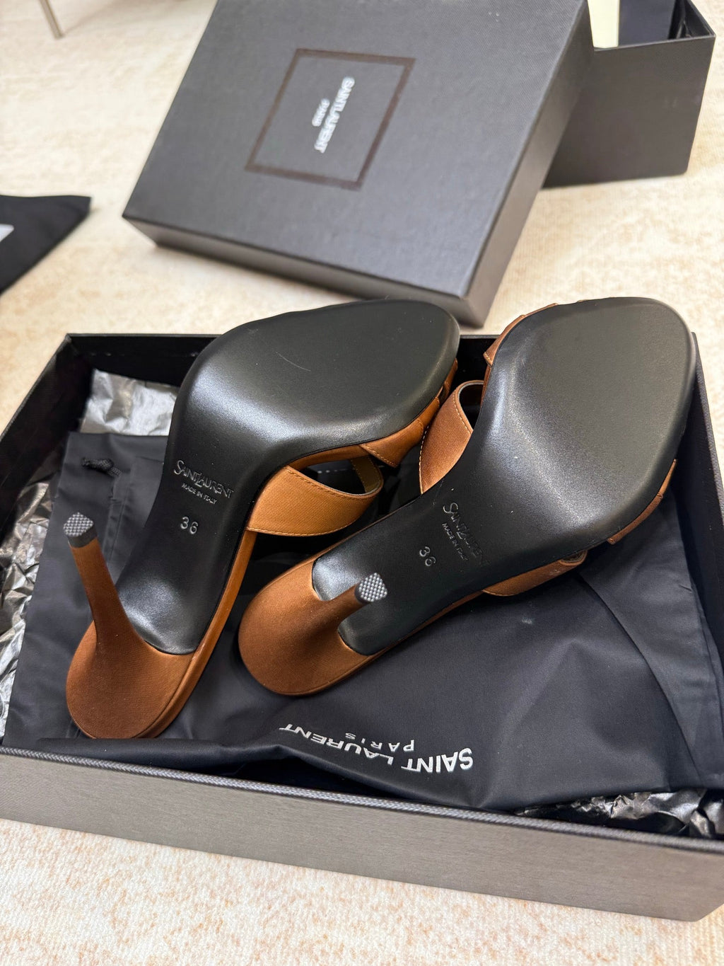 YSL 26S HEELED SANDALS 105 MM IN CLAY BROWN SATIN