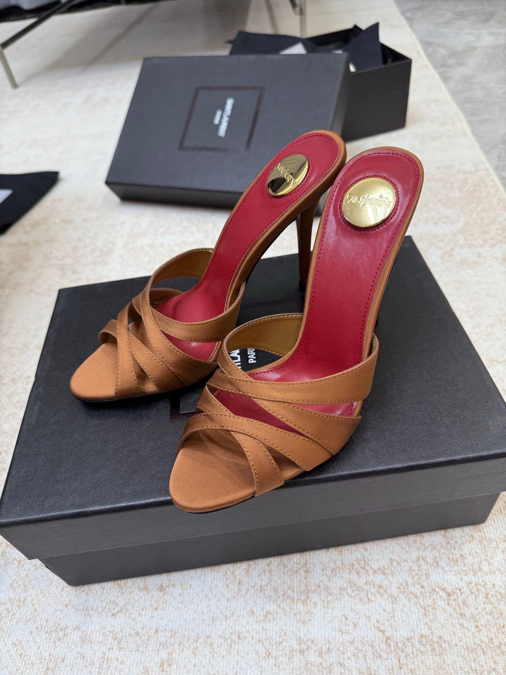 YSL 26S HEELED SANDALS 105 MM IN CLAY BROWN SATIN
