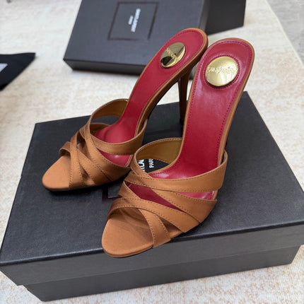 YSL 26S HEELED SANDALS 105 MM IN CLAY BROWN SATIN