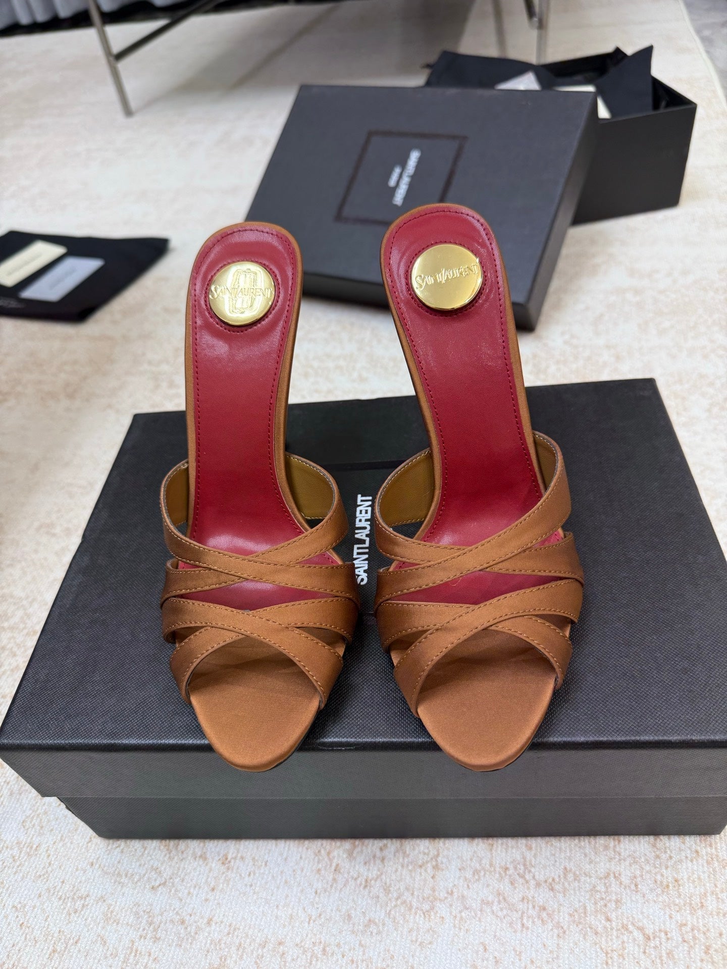 YSL 26S HEELED SANDALS 105 MM IN CLAY BROWN SATIN