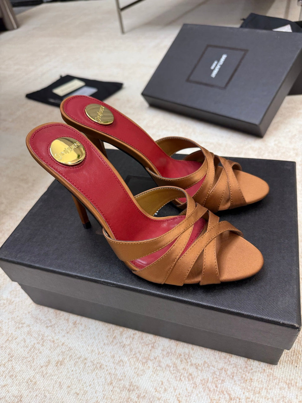 YSL 26S HEELED SANDALS 105 MM IN CLAY BROWN SATIN