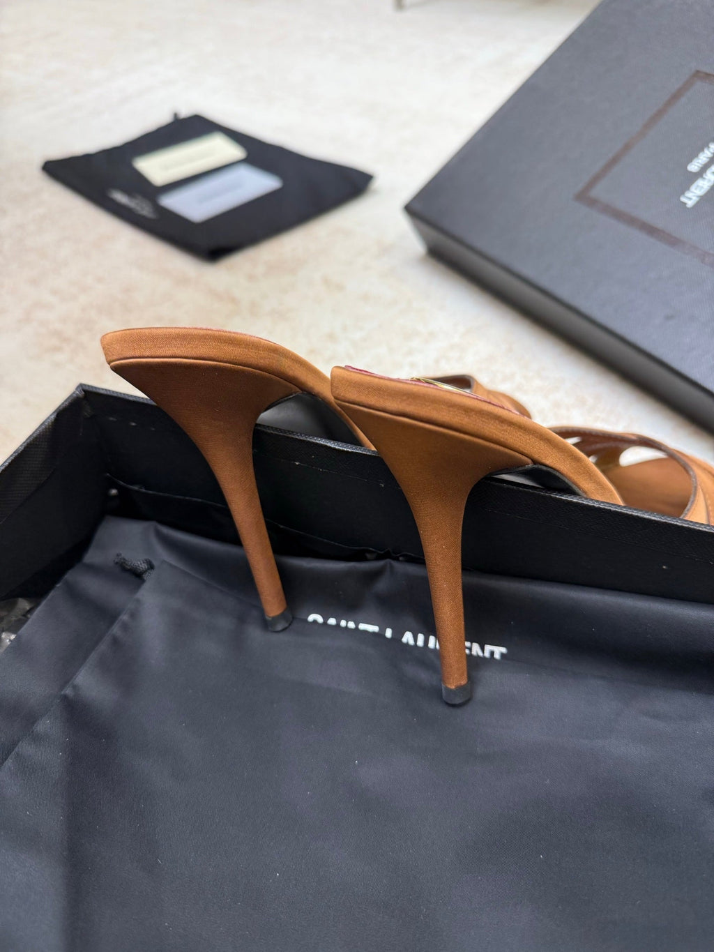YSL 26S HEELED SANDALS 105 MM IN CLAY BROWN SATIN