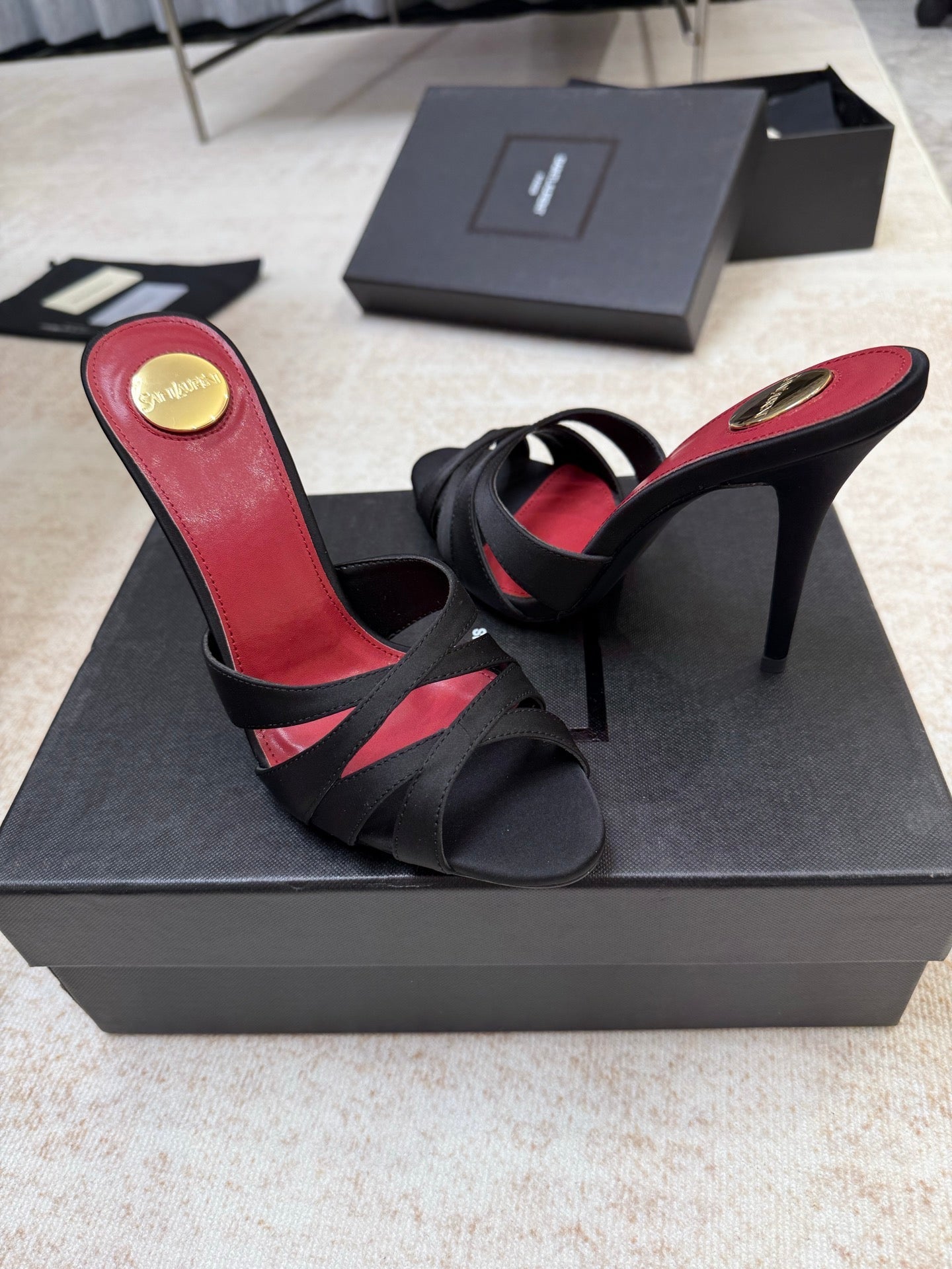 YSL 26S HEELED SANDALS 105 MM IN BLACK SATIN
