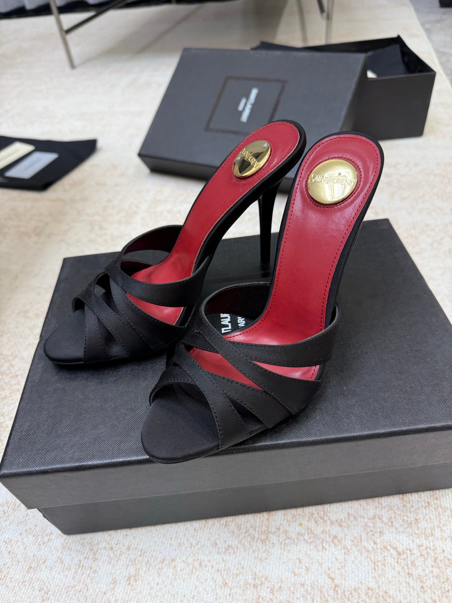 YSL 26S HEELED SANDALS 105 MM IN BLACK SATIN