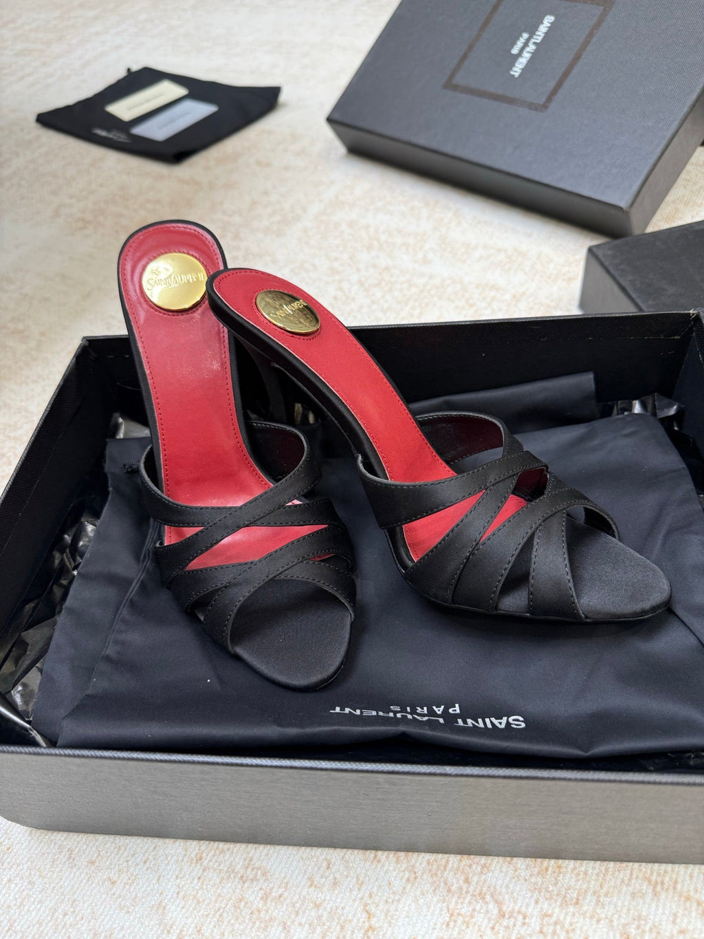 YSL 26S HEELED SANDALS 105 MM IN BLACK SATIN