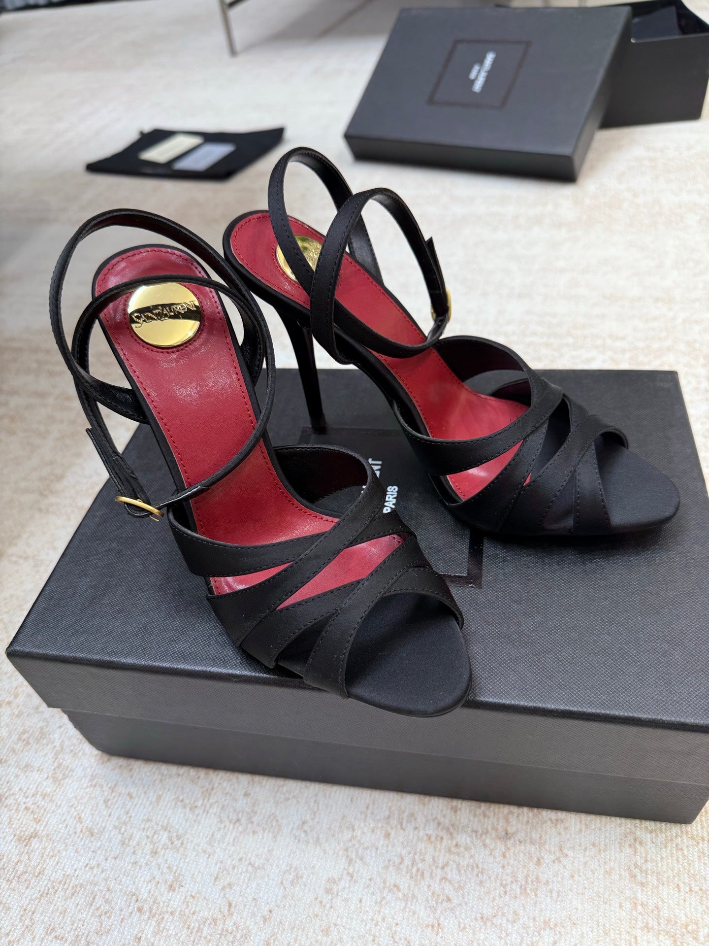 YSL 26S STRAPPY HEELED SANDALS 105 MM IN BLACK SATIN