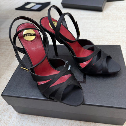 YSL 26S STRAPPY HEELED SANDALS 105 MM IN BLACK SATIN