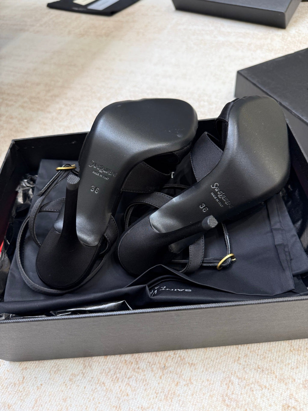 YSL 26S STRAPPY HEELED SANDALS 105 MM IN BLACK SATIN