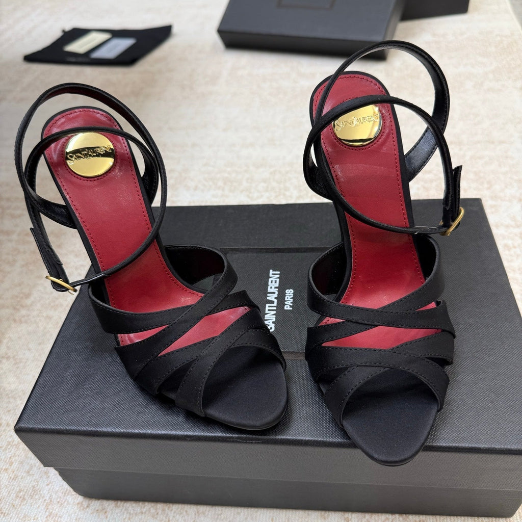 YSL 26S STRAPPY HEELED SANDALS 105 MM IN BLACK SATIN
