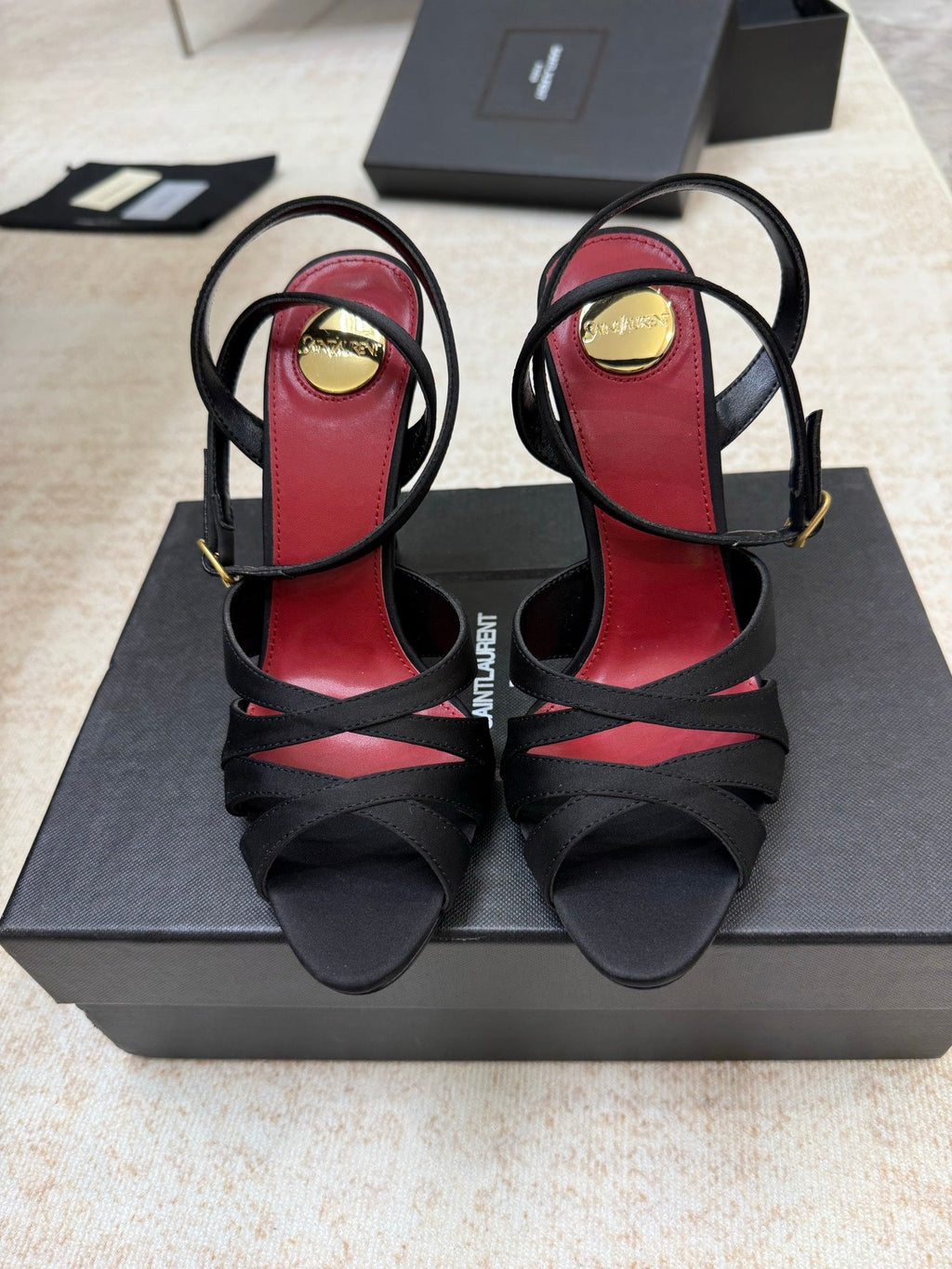 YSL 26S STRAPPY HEELED SANDALS 105 MM IN BLACK SATIN