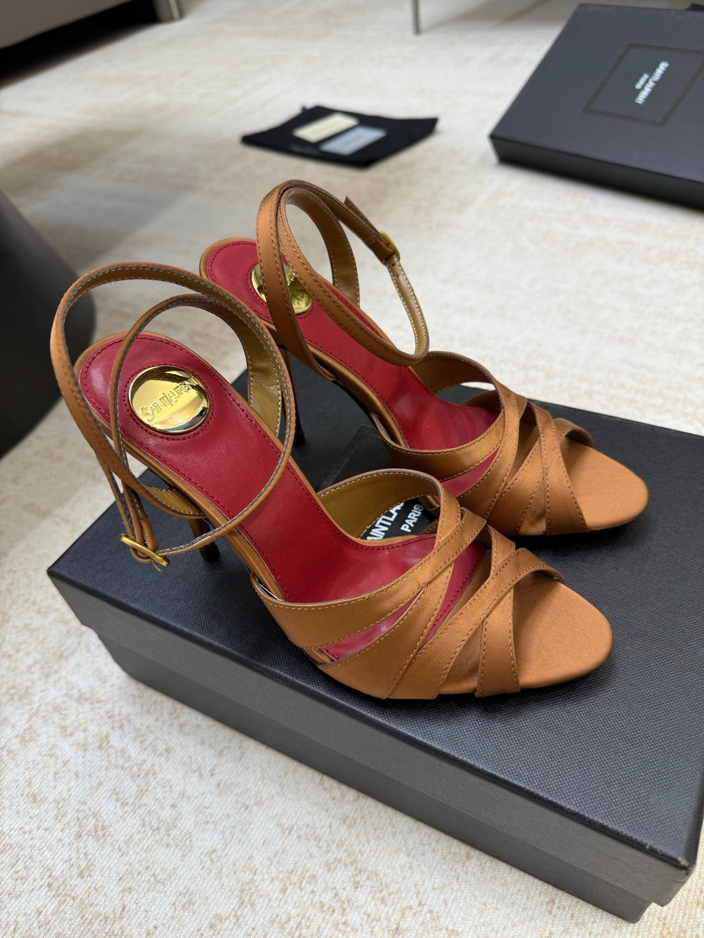 YSL 26S STRAPPY HEELED SANDALS 105 MM IN CLAY BROWN SATIN