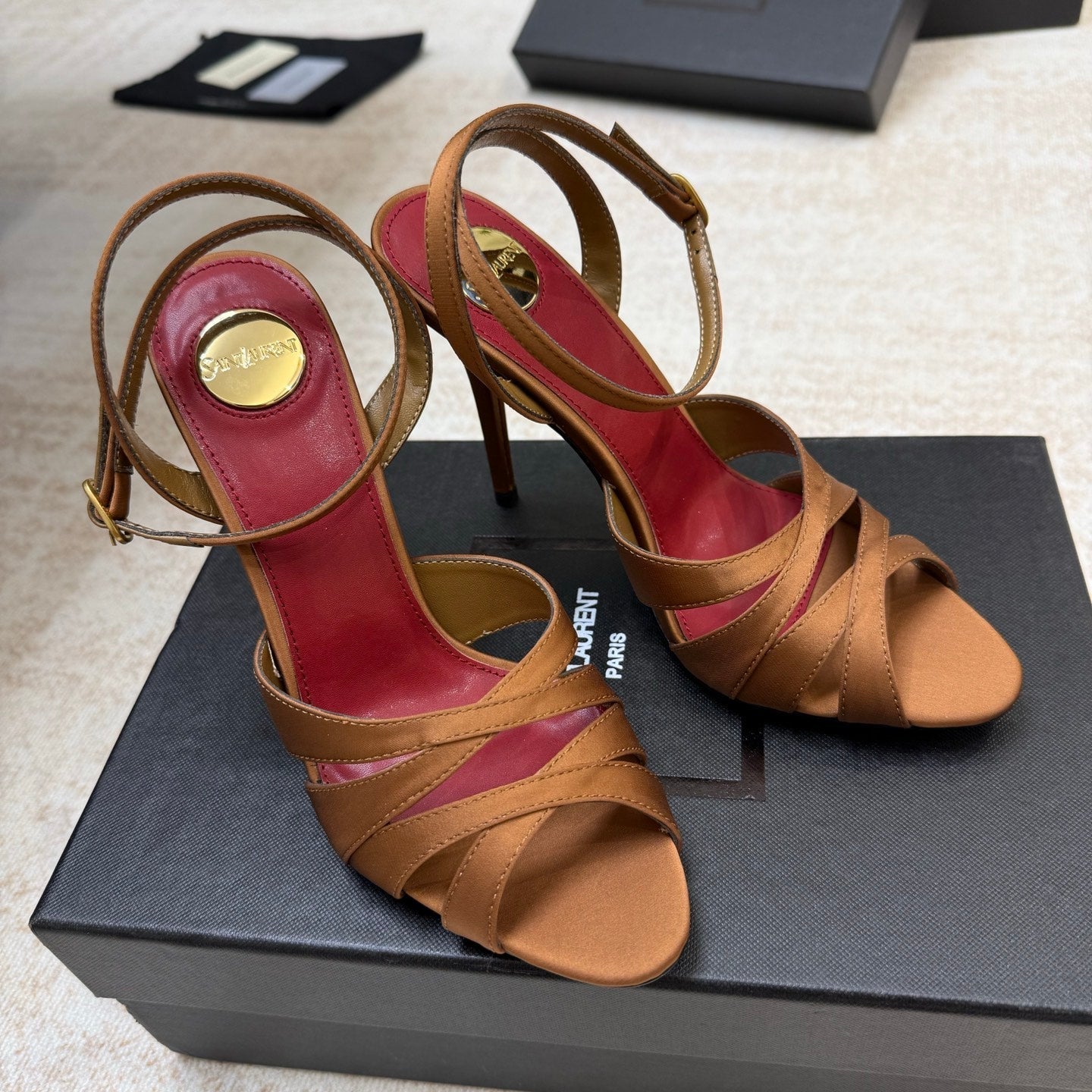 YSL 26S STRAPPY HEELED SANDALS 105 MM IN CLAY BROWN SATIN