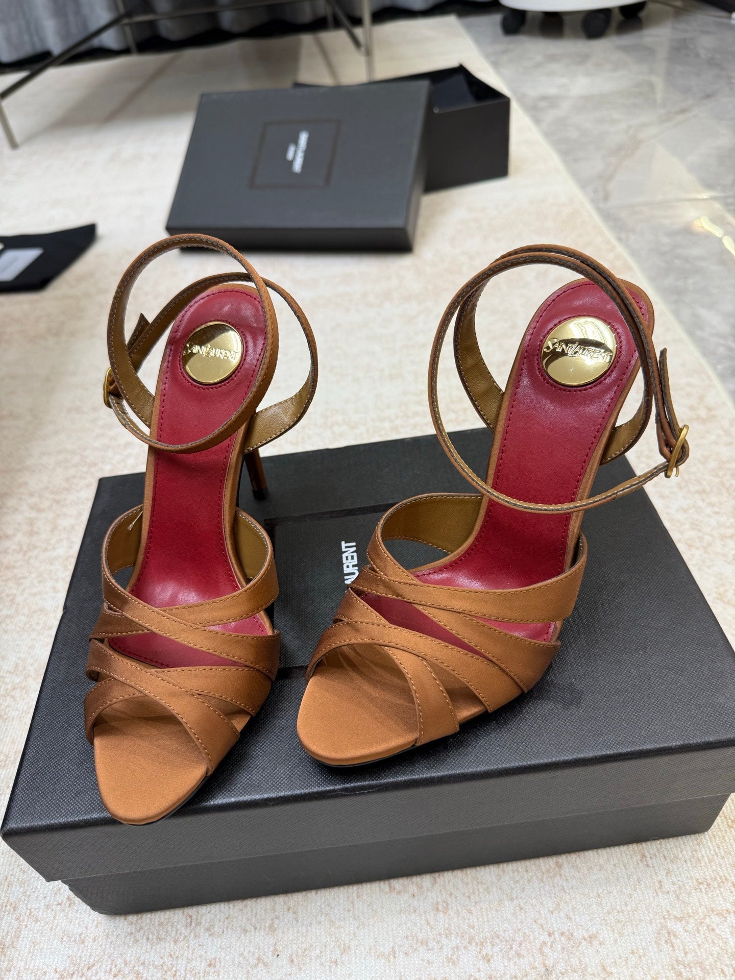 YSL 26S STRAPPY HEELED SANDALS 105 MM IN CLAY BROWN SATIN