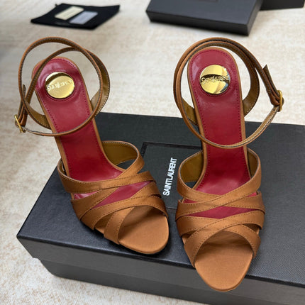 YSL 26S STRAPPY HEELED SANDALS 105 MM IN CLAY BROWN SATIN