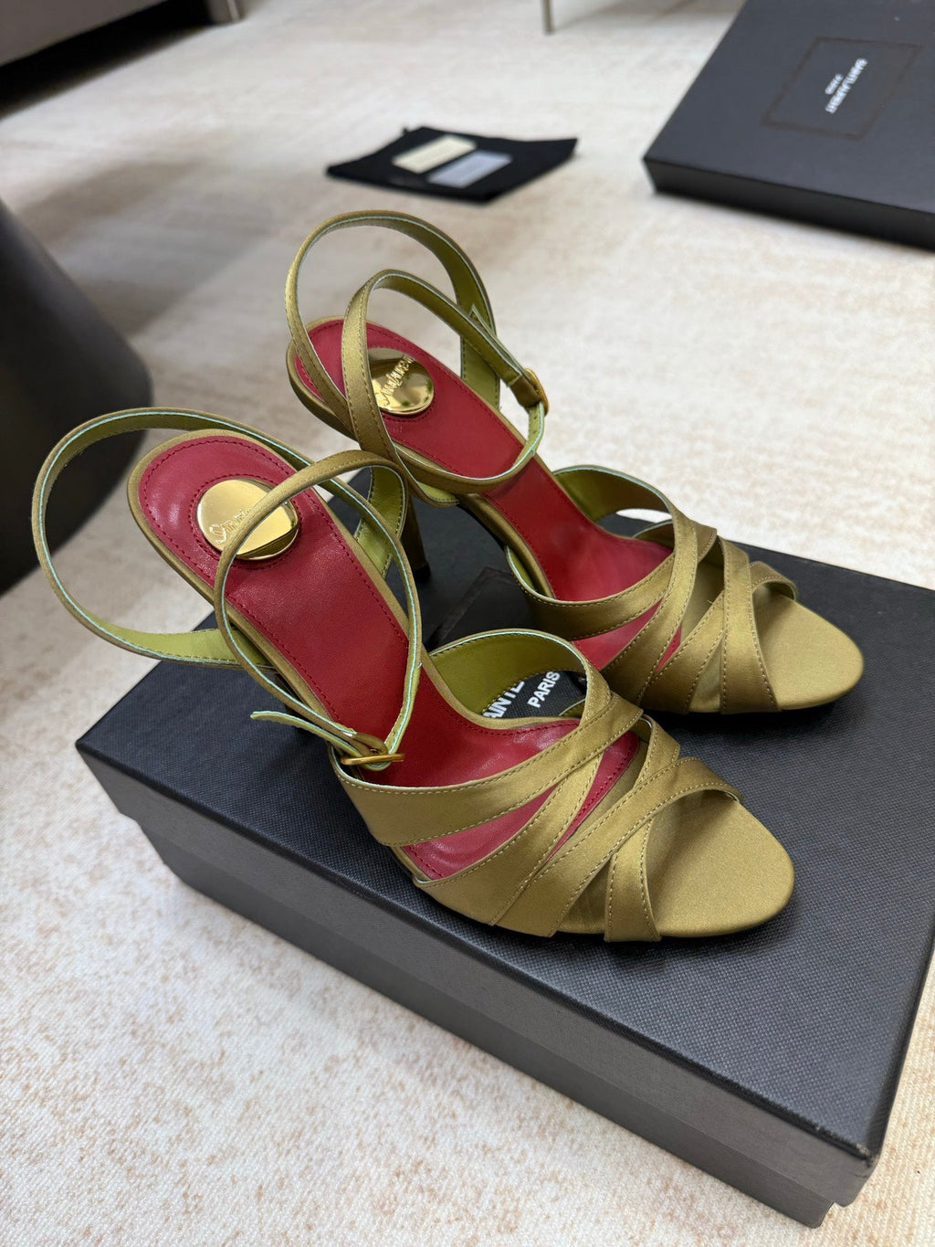 YSL 26S STRAPPY HEELED SANDALS 105 MM IN OLIVE GREEN SATIN