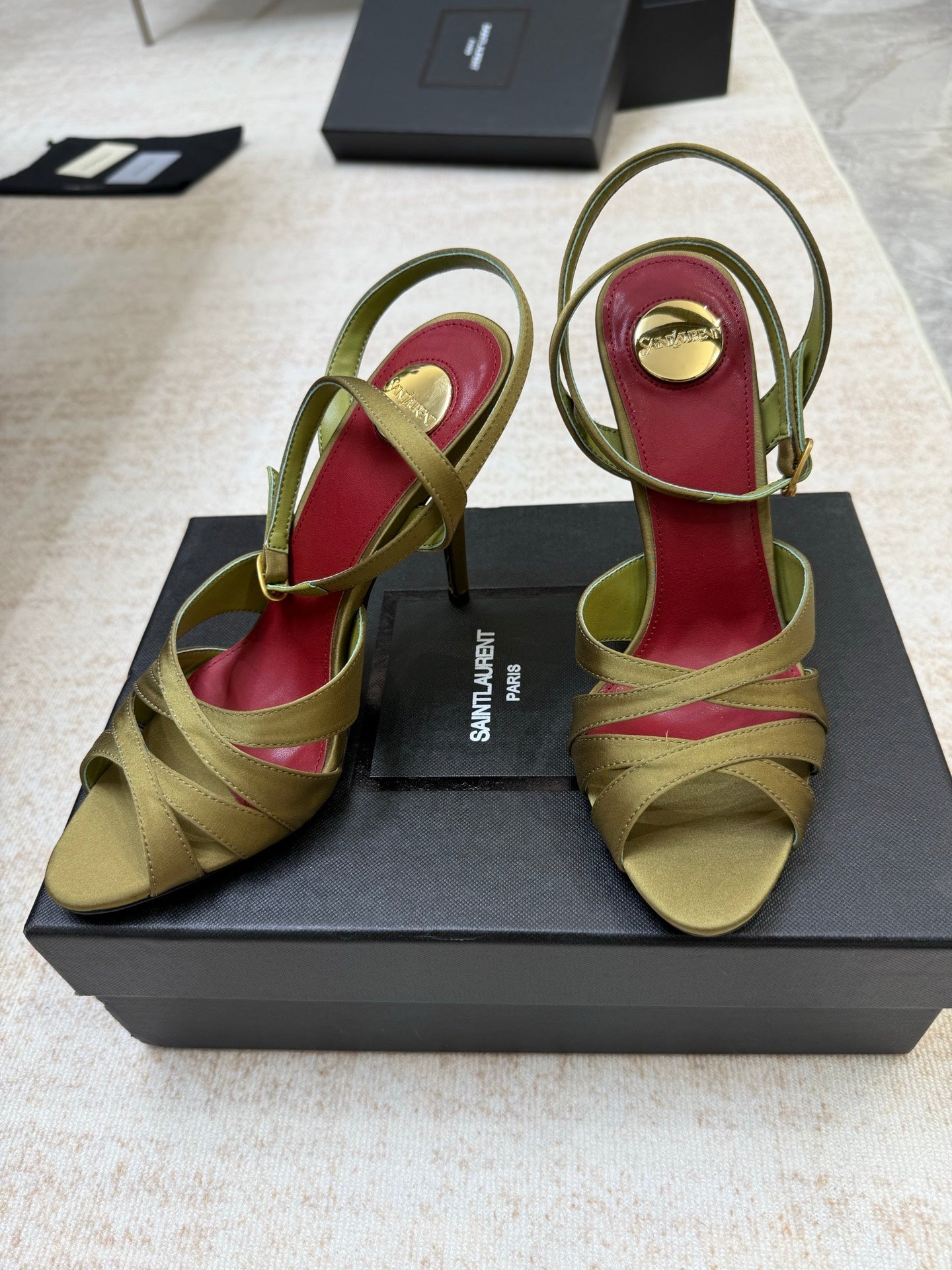 YSL 26S STRAPPY HEELED SANDALS 105 MM IN OLIVE GREEN SATIN