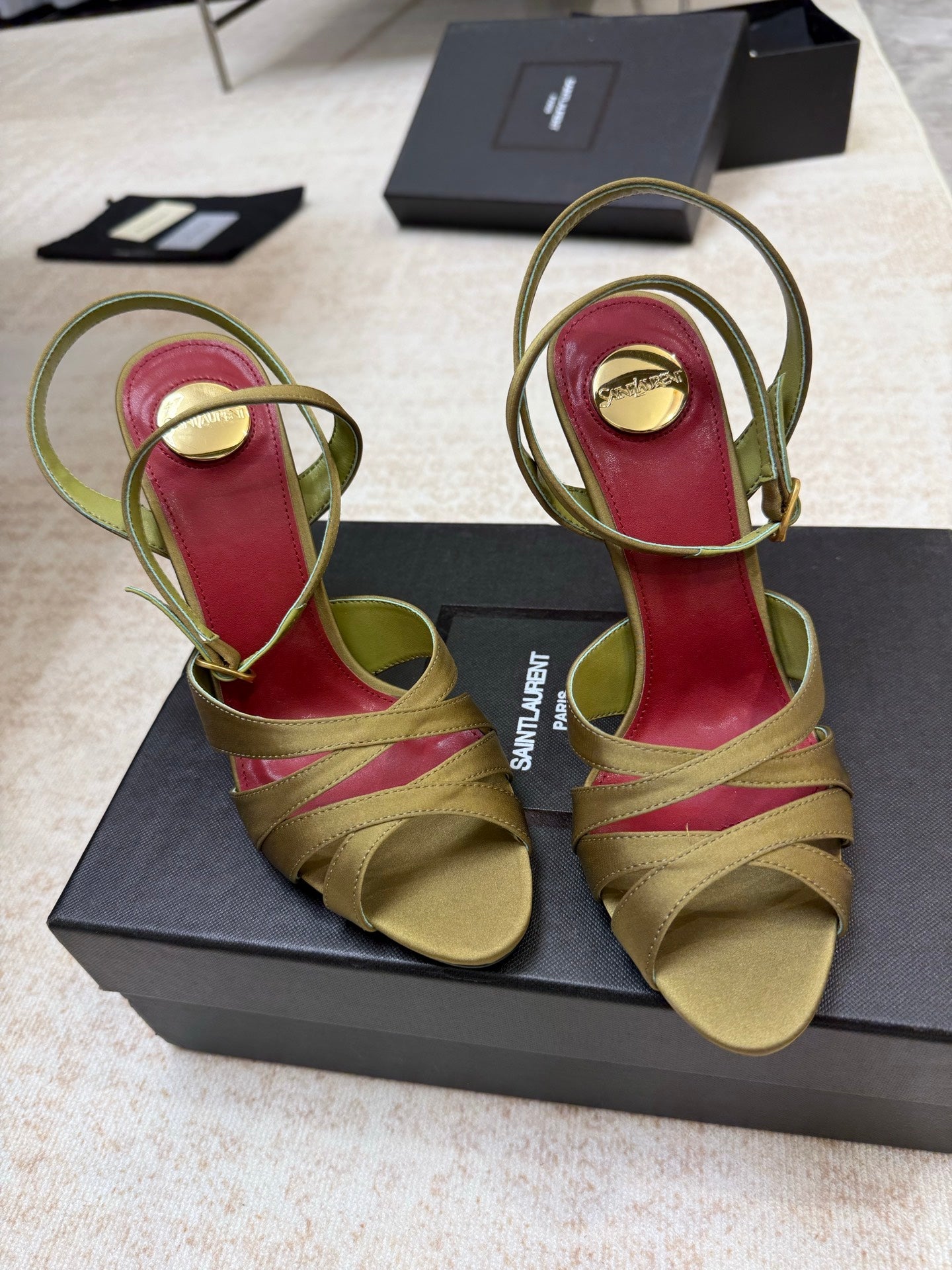 YSL 26S STRAPPY HEELED SANDALS 105 MM IN OLIVE GREEN SATIN