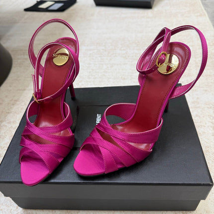 YSL 26S STRAPPY HEELED SANDALS 105 MM IN DARK PINK SATIN
