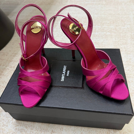 YSL 26S STRAPPY HEELED SANDALS 105 MM IN DARK PINK SATIN