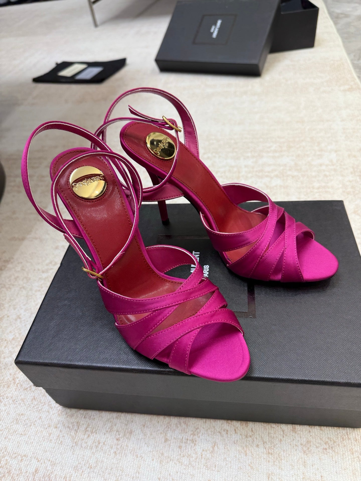 YSL 26S STRAPPY HEELED SANDALS 105 MM IN DARK PINK SATIN