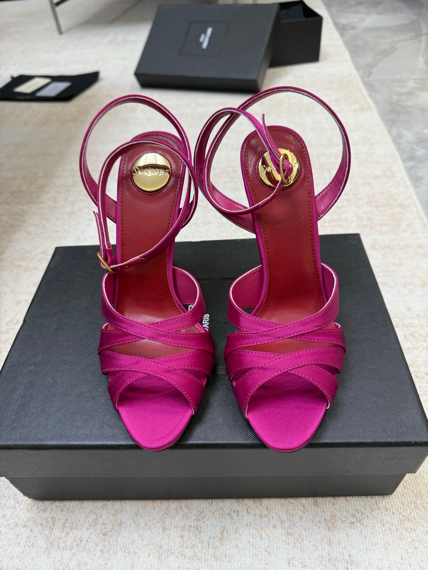 YSL 26S STRAPPY HEELED SANDALS 105 MM IN DARK PINK SATIN
