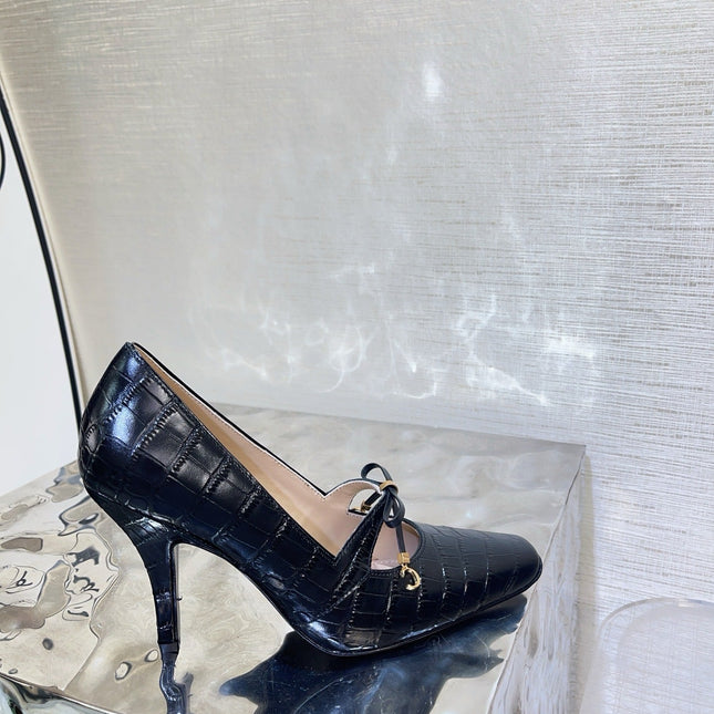 DIOR 26S HIGH HEELS IN BLACK CROC-EMBOSSED CALFSKIN WITH CHARMS