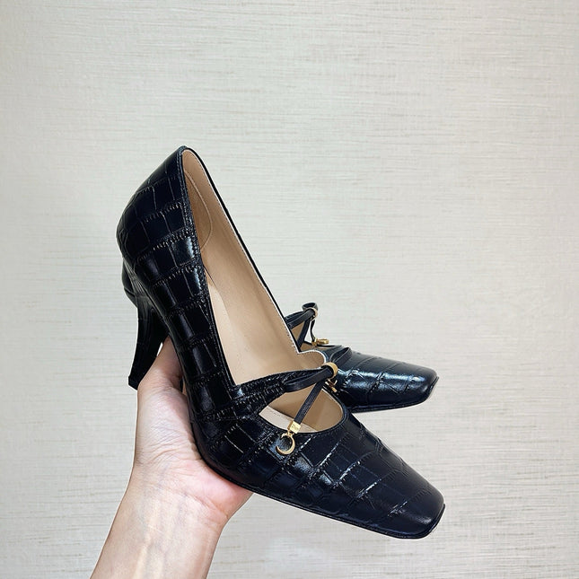 DIOR 26S HIGH HEELS IN BLACK CROC-EMBOSSED CALFSKIN WITH CHARMS