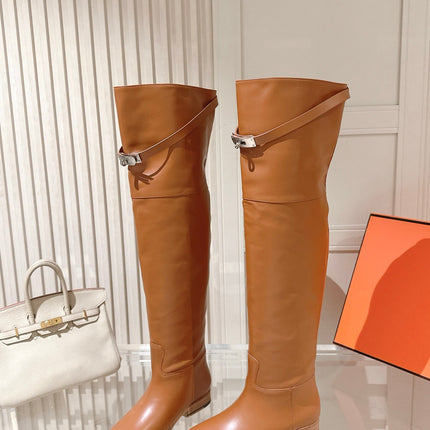 HM 26S OVER THE KNEE BOOTS IN COGNAC BROWN CALFSKIN
