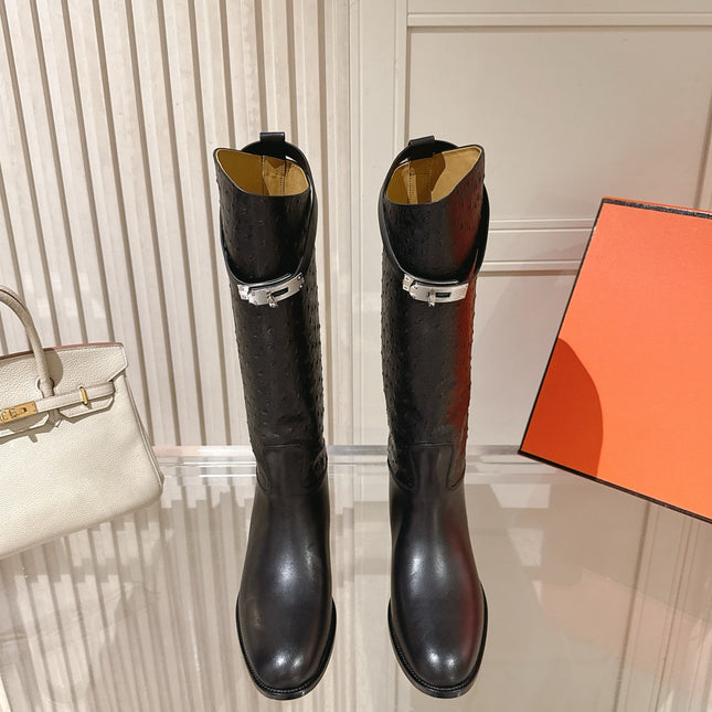 HM 26S TALL FLAT BOOTS IN BLACK OSTRICH LEATHER