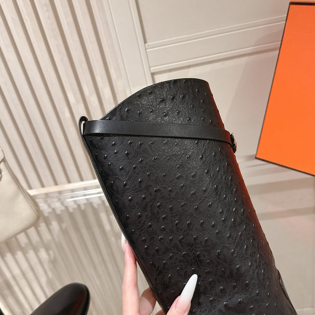 HM 26S TALL FLAT BOOTS IN BLACK OSTRICH LEATHER