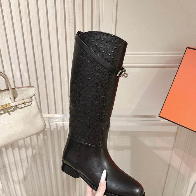HM 26S TALL FLAT BOOTS IN BLACK OSTRICH LEATHER