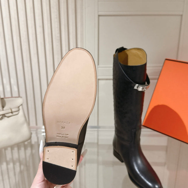 HM 26S TALL FLAT BOOTS IN BLACK OSTRICH LEATHER