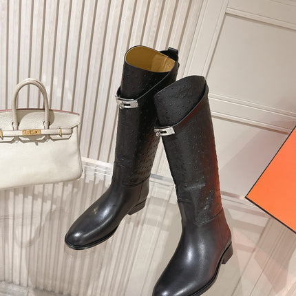 HM 26S TALL FLAT BOOTS IN BLACK OSTRICH LEATHER