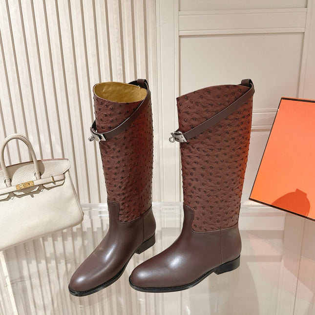 HM 26S TALL FLAT BOOTS IN DARK BROWN OSTRICH LEATHER
