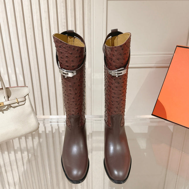 HM 26S TALL FLAT BOOTS IN DARK BROWN OSTRICH LEATHER