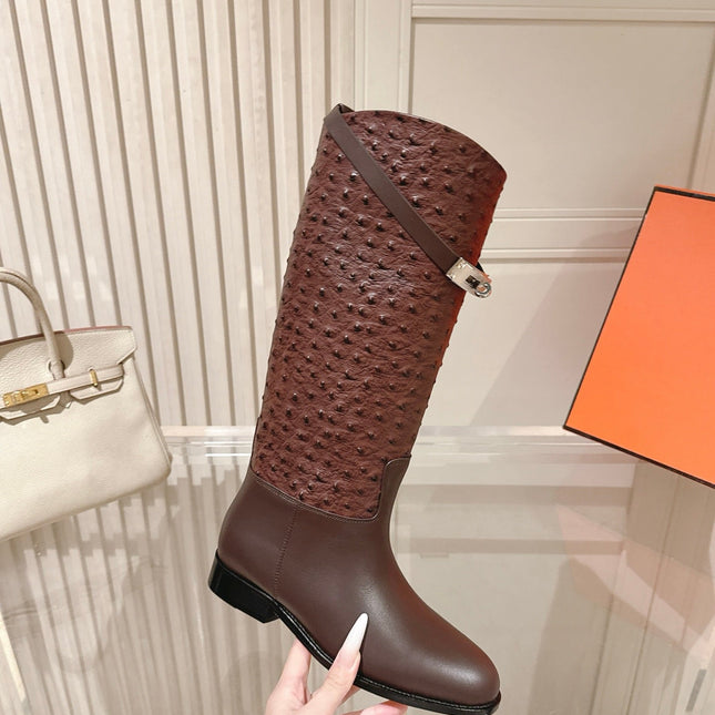 HM 26S TALL FLAT BOOTS IN DARK BROWN OSTRICH LEATHER