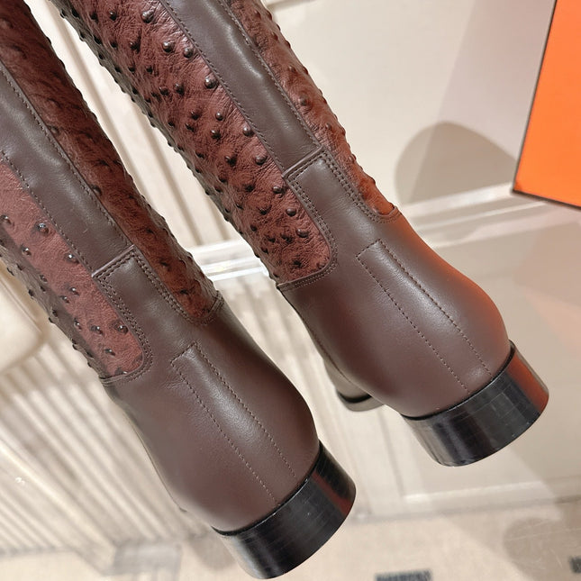 HM 26S TALL FLAT BOOTS IN DARK BROWN OSTRICH LEATHER