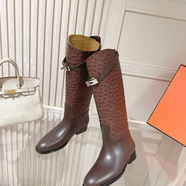 HM 26S TALL FLAT BOOTS IN DARK BROWN OSTRICH LEATHER