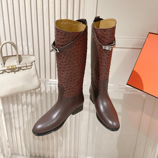 HM 26S TALL FLAT BOOTS IN DARK BROWN OSTRICH LEATHER